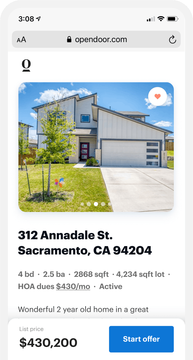 A family in their front yard with the Opendoor app showing the home details and how to buy it.