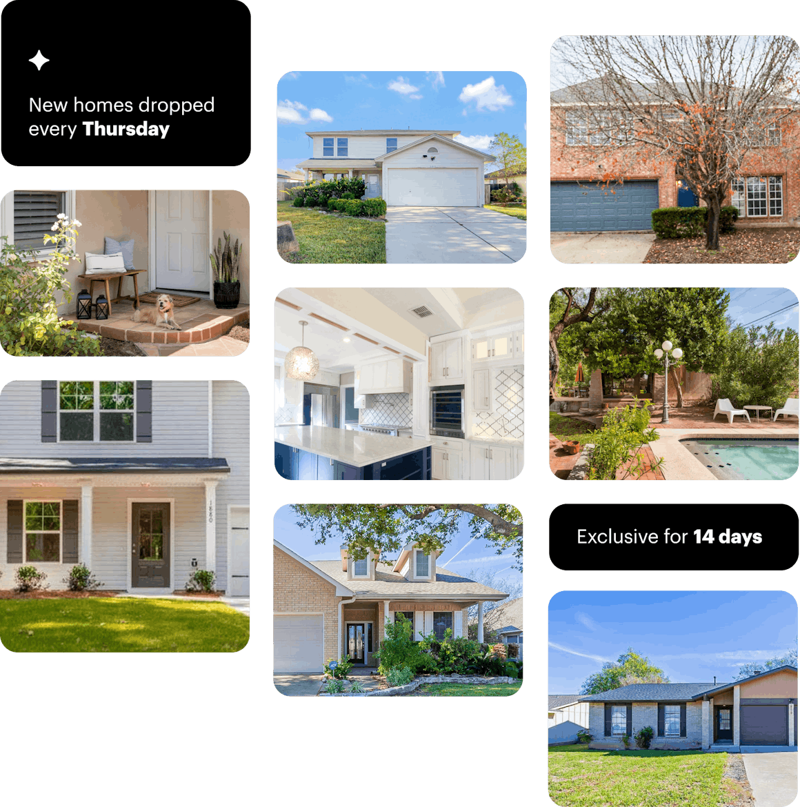 Various styles of Opendoor exclusive homes. New homes get dropped every Thursday and are exclusive to Opendoor for 14 days.